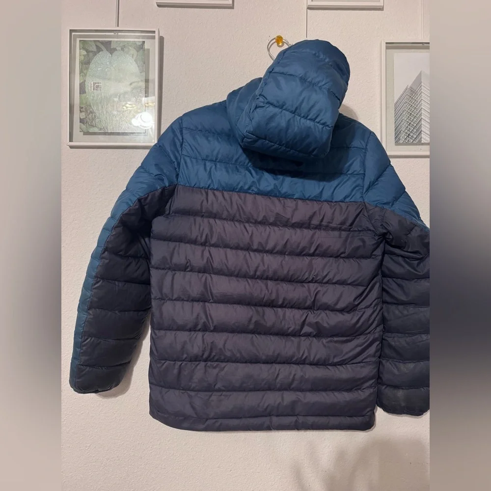 Patagonia Blue and Brown Puffer Jacket with Geometric Design